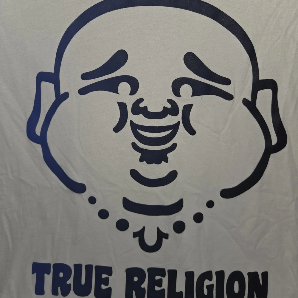 NWOT True Religion White Graphic Tee with Navy Logo, size L